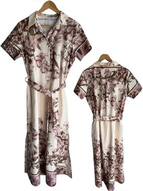 Civico 51 Floral Button Front Maxi Dress Sz L Cream Mauve A-Line Sundress Spring